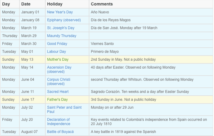 Public holidays in Colombia Calendar